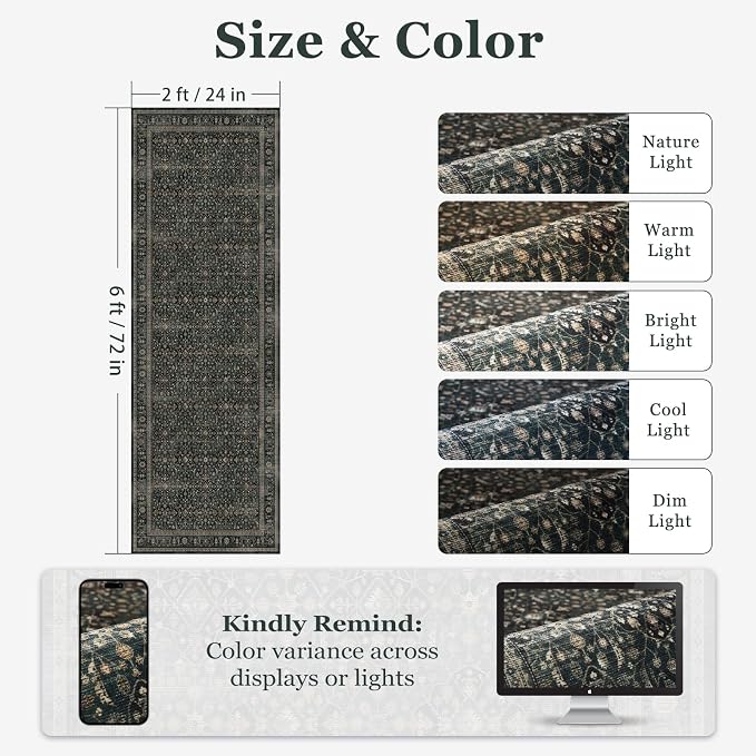 Dark Teal 2x6 Rug Runners for Hallways Non Slip, Washable Runner for Kitchen Floor 6ft, Vintage Moroccan Floral Trellis Carpet Runners for Bathroom/Bedroom Bedside/Entryway/Laundry Room