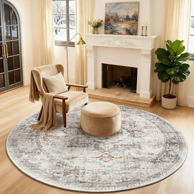 4ft Washable Round Rugs for Bedroom: Circle Living Room Rug Boho Vintage Non Slip Low Pile Soft Faux Wool Non Shedding Small Carpet for Kitchen Entryway Bathroom Bedside Office Dorm Farmhouse Indoor