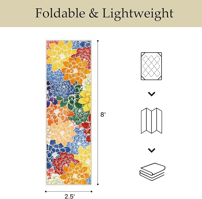 GENIMO 2.5x8 Outdoor Runner Rug, Washable for Patio, Multicolor | Floral design for balcony; fade resistant chenille and quick-dry non-slip backing for indoor hallway kitchen