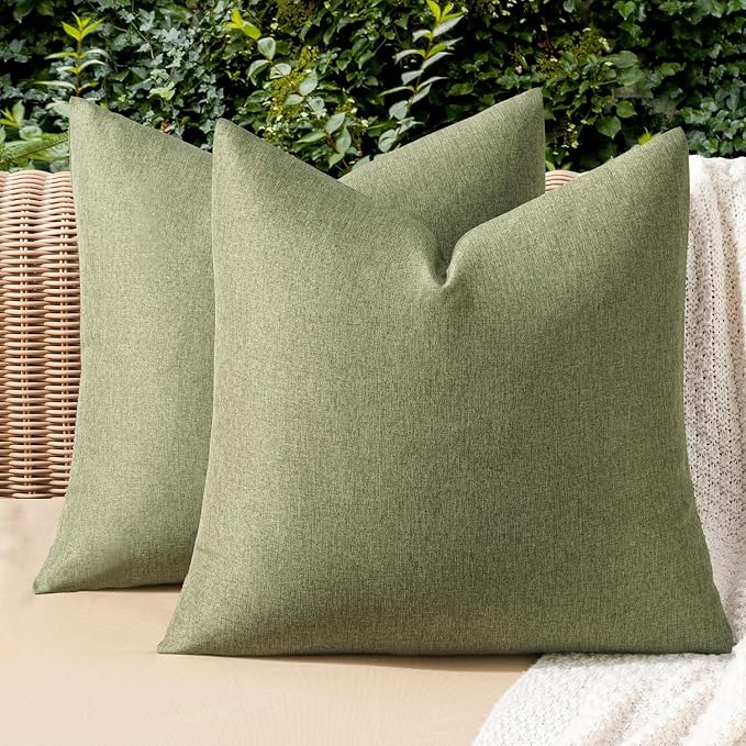 MIULEE Pack of 2 Decorative Outdoor Solid Waterproof Throw Pillow Covers Faux Linen Garden Farmhouse Cushion Cases for Patio Tent Balcony Couch Sofa 20x20 Inch Dark Green