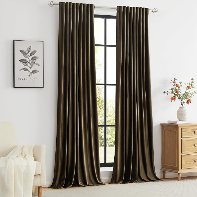 PRIMROSE Brown Velvet Curtains 63 inch Long for Living Room,Set of 2 Panels Blackout Rod Pocket Back Tab Window Treatment Room Darkening Heavy Decorative Curtains Drapes for Bedroom