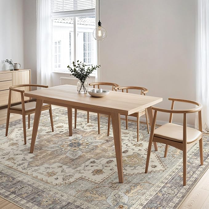 Tortania Area Rug Living Room Rugs - 8x10 Washable Boho Rug Vintage Oriental Distressed Farmhouse Large Thin Indoor Carpet for Living Room Bedroom Under Dining Table Home Office - Greige