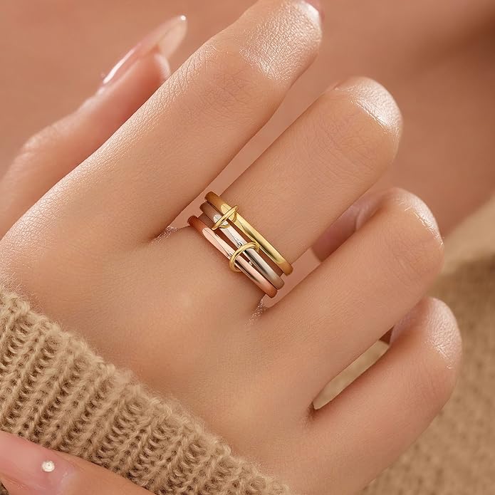 925 Sterling Silver Trinity Interlocking Fidget Anxiety Ring for Women 14K Gold Plated Spinner Stackable Promise Rings for Men Statement Connect 3 Finger Knuckle Ring Mothers Day Wedding Jewerly Gifts