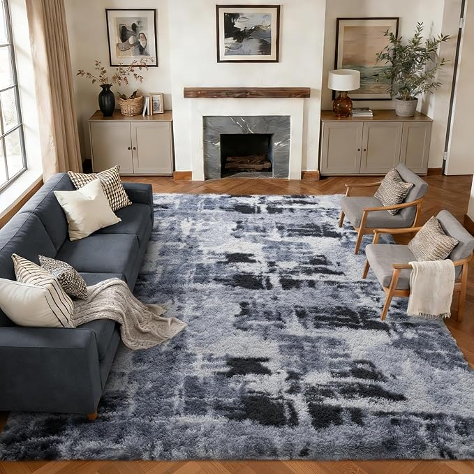 9x12 Extra Large Area Rugs for Living Room, Shaggy Non-Slip Tie-Dyed Rugs for Bedroom Kids Playroom Dorm Room, High Pile Ultra Soft Carpet, Blue