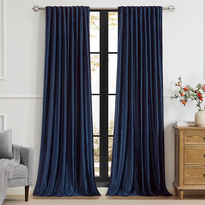 Elegant Navy Blue Velvet Curtains 102 inches for Living Room,Luxury 2 Panels Room Darkening Rod Pocket Back Tab Curtain Thermal Insulated Heavy Soundproof Noice Reducing Window Drapes for Bedroom