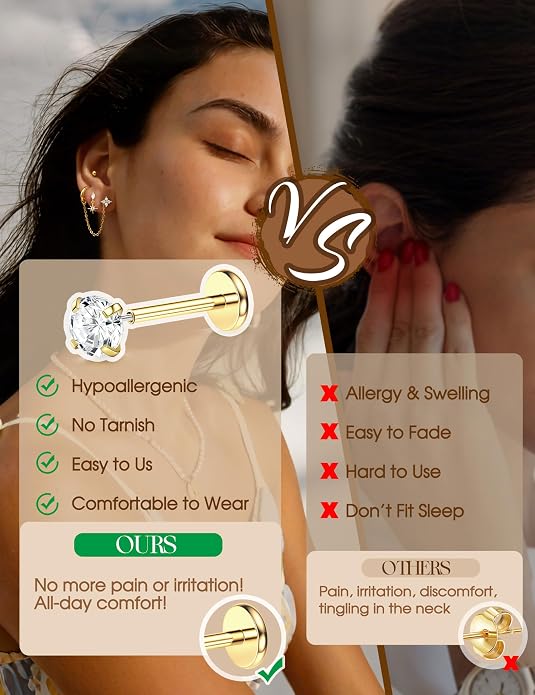 ORAZIO 16G/18G/20G Threadless Flat Back Earrings 316L Surgical Steel Cartilage Earring Stacks Flatback Push in Nose Rings Studs Hypoallergenic Tragus Helix Conch Labret Medusa Piercing Jewelry