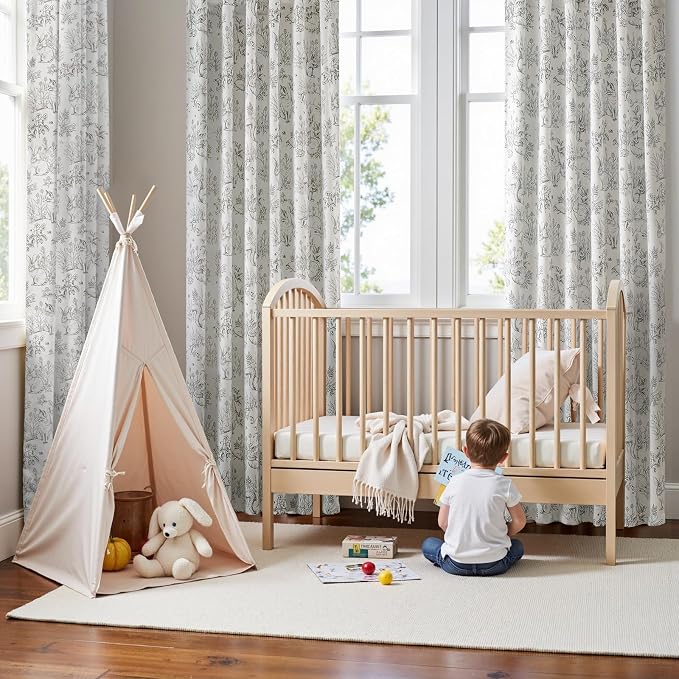 jinchan Grey Blackout Curtains 84 Inch Whimsical Back Tab 2 Panels | Room darkening,nursery kids bedroom,privacy,whimsical,cottagecore,bunny pattern,botanical,nature-inspired decor