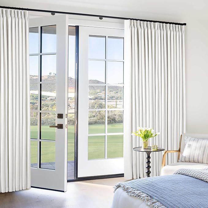 Beige White Pinch Pleated Blackout Linen 92 Inch Long Curtains 60 Inch Wide | 100% Black Out, Memory Trained, Pinch Pleat with Back Tab, Energy Efficient, Thermal Insulated Window Drapes W60xL84 1 Panel