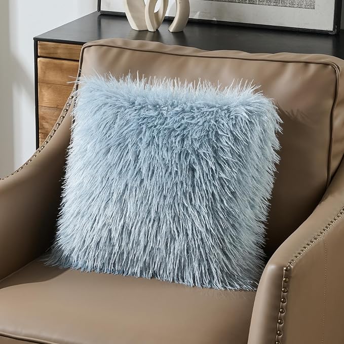 FUTEI Pack of 2 Shaggy Mongolian Faux Wool Throw Pillow Covers 18x18 Inch Soft Fluffy Farmhouse Decorative Cushion Case for Couch Bed Living Room, Dusty Blue