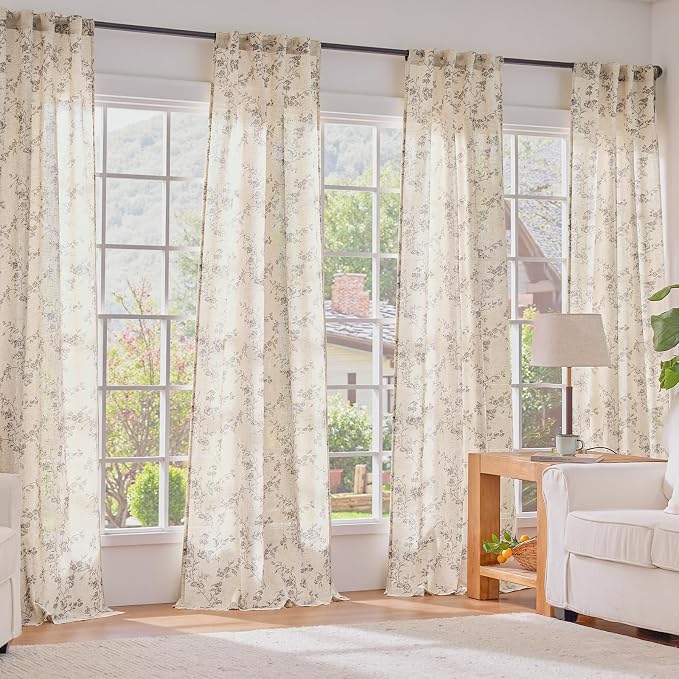 Lazzzy Grey Floral Linen Curtains 63 Inch Farmhouse Back Tab Drapes for Living Room Bedroom Light Filtering Vintage Grandmillennial Rod Pocket Curtains, 2 Panels, W38 x L63, Grey on Beige