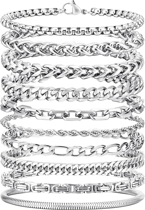 VNOX Silver Chain Bracelet for Men - 10 Pcs Solid Stainless Steel Rope/Figaro/Paperclip/Cuban Link/Snake Curb Chunky Chain Bracelet Set Wrist Band for Men Women Boys,Mens Jewelry Set