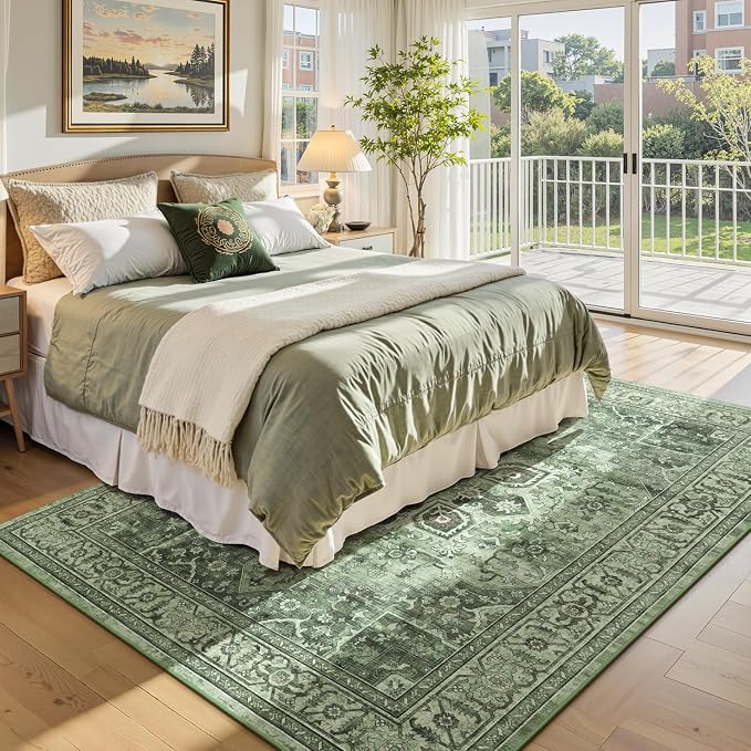 Sage Green Boho 6x9 Living Room Rugs - Floral Aesthetic Distressed Dining Room Rug for Under Table, Lightweight Washable Foldable Low Pile Moss Green Carpet, Eclectic Farmhouse Bedroom Décor
