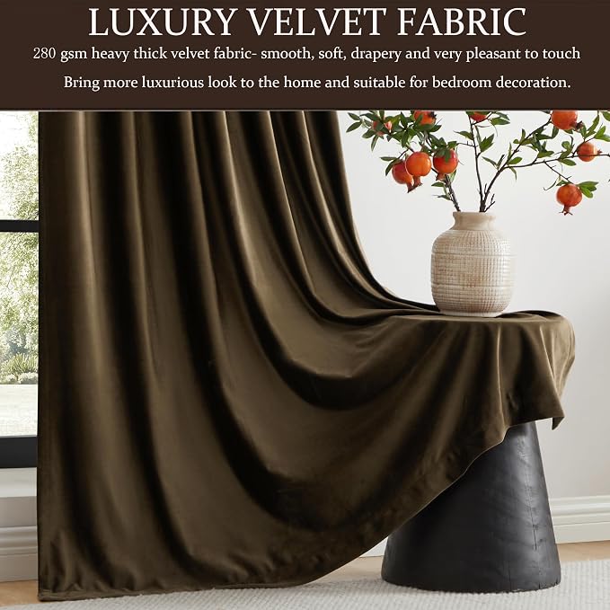 PRIMROSE 100% Full Blackout Brown Velvet Curtains 84 inch Long for Living Room,Set of 2 Liner Rod Pocket Back Tab Thermal Window Curtains Room Darkening Heavy Decorative Curtains Drapes for Bedroom