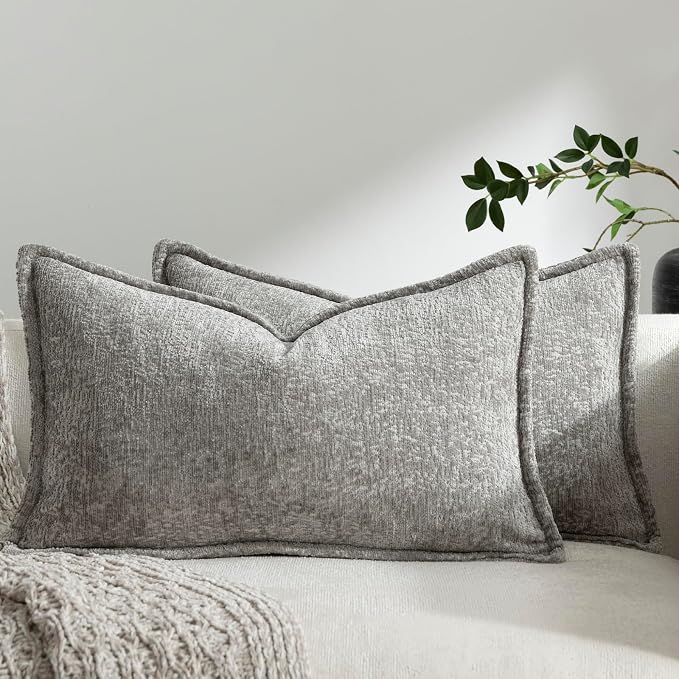 DEZENE Pack of 2 Light Gray Decorative Throw Pillow Covers 12x20 Cozy Soft Chenille Accent Vintage Rectangular Lumbar Couch Pillow Covers for Home Decor Bed Sofa Living Room