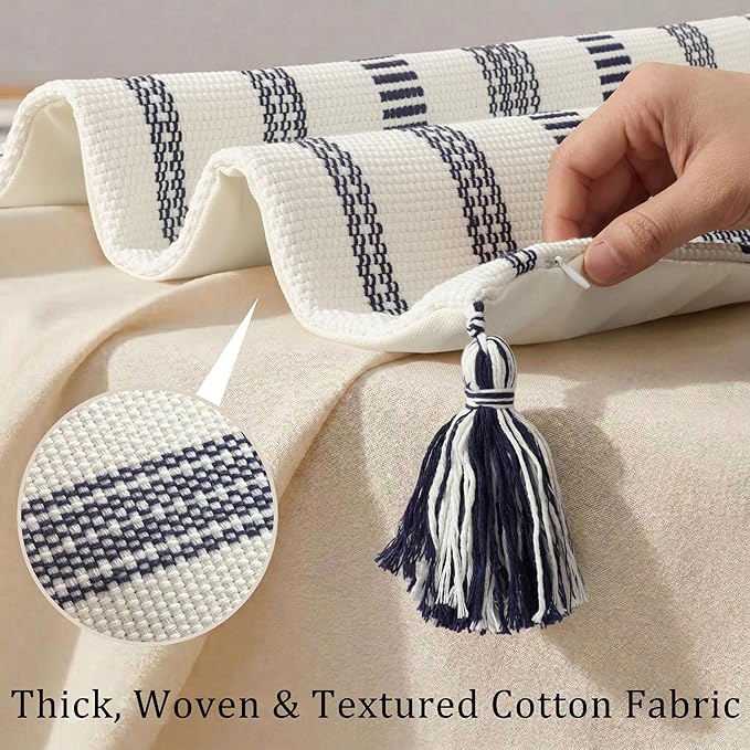 Smile Bee Boho Outdoor Couch Throw Pillow Covers Set of 2 Decorative Thick Woven Striped Accent Neutral Pillow Covers with Tassels for Bed Sofa Home Decor 20x20 Inch, Navy Blue and Cream White | Woven Cozy Boho Decorative Modern Farmhouse Accent Pillow...