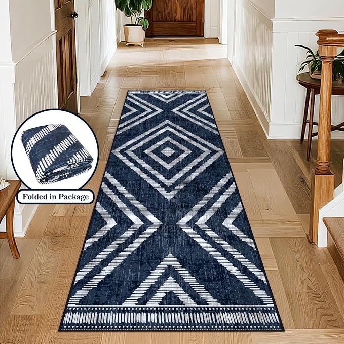 Boho Runner Rugs for Hallway 2x6ft Non Slip, Navy Blue Washable Kitchen Rug Runner, Soft Moroccan Low Pile Geometric Farmhouse Laundry Floor Carpet for Entryway Bedroom Bathroom