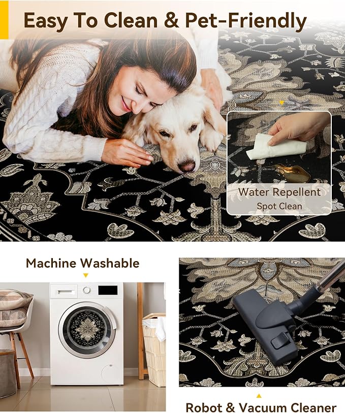 RELEANY Area Rugs Round 10ft Washable Non-Slip, Floral Vintage Distress Medallion Carpet for Living Room Bedroom Dining Room, Black Brown Neutral Dark Tan