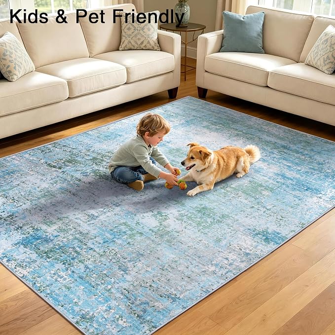 9x12 Area Rugs Living Room Rug Abstract Washable Rug Non-Slip Soft Low Pile Indoor Floor Stain Resistant Thin Carpet for Bedroom Dining Room Home Office Farmhouse Nursery - Dusty Blue & Cream 9' x 12'
