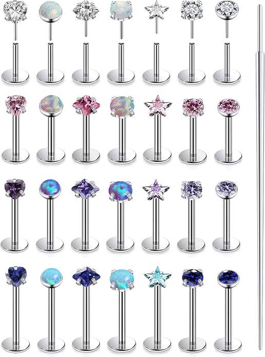 Vsnnsns 14K Gold Plated 16G 18G 20G Threadless Nose Rings Studs Flat Back Earrings Stainless Steel Tragus Helix Conch Earrings Stud Snake Bite Lip Rings Labret Medusa Piercing Jewelry for Women Men