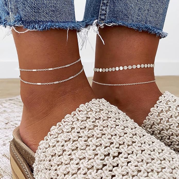 Dainty Gold Double Layer Disc Anklet for Women, 14K Gold Plated Sequin Chain Foot Bracelet, 8.5"+2" Adjustable Delicate Stackable Ankle Bracelet, Minimalist Summer Beach Jewelry Gift for Her