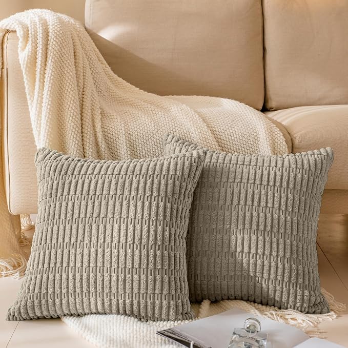 Softalker Throw Pillow Covers 20x20 Inch, Set of 4, Corduroy Soft Striped Farmhouse Boho Pillow Cover, Modern Decorative Cushion Pillow Case for Couch Sofa Bedroom Living Room, Taupe