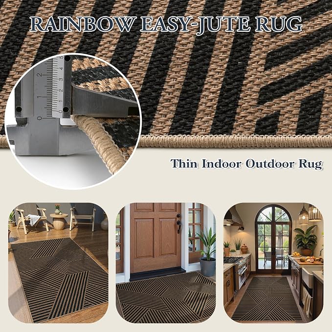 Lahome Enfys Modern Geometric Outdoor Easy Jute Rug, 3x5 Indoor Outdoor Rugs for Living Room Black Entryway Carpet, Farmhouse Washable Non Slip Carpet for Patio Courtyard Bedroom