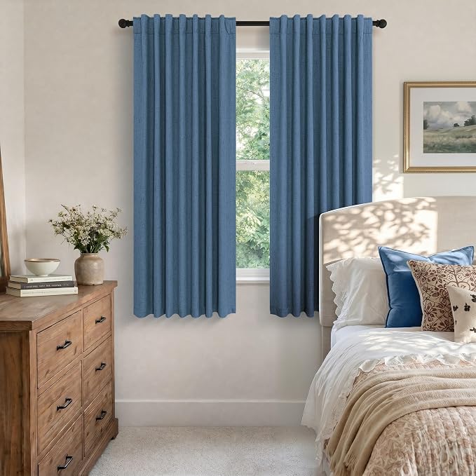 Denim Blue Living Room Black Out Curtains 63 Inch Long Insulated Thermal Darkening Kitchen Drape for Windows Over Sink Boho Linen Textured Blackout Curtain for Dining Room Kids Bedroom Basement Office