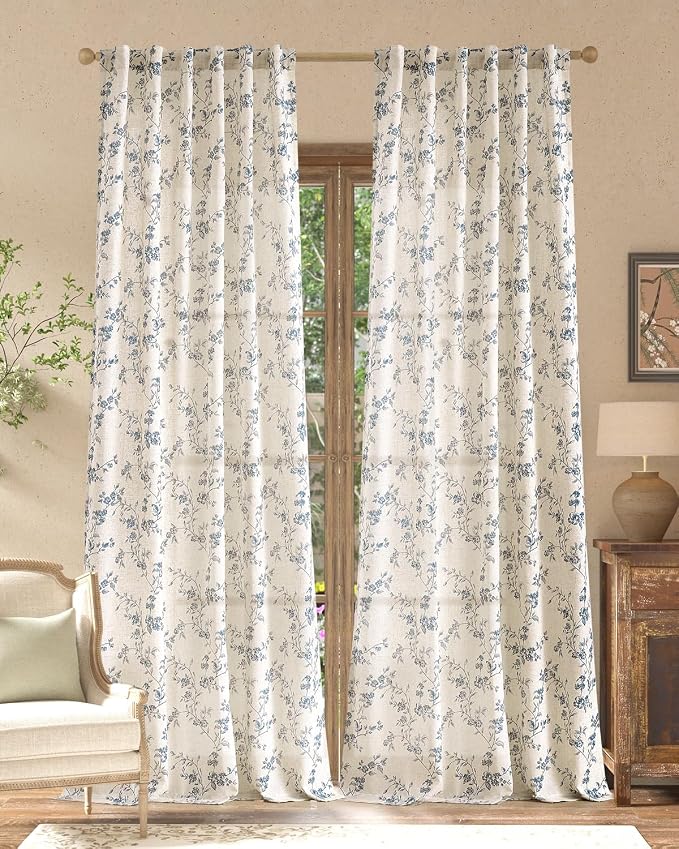 jinchan Blue Floral Linen Curtains 96 Inch French Country Back Tab 2 Panels | Flower patterned drapes, farmhouse, printed, light filtering, bedroom, living room, kitchen, window treatment, rod pocket