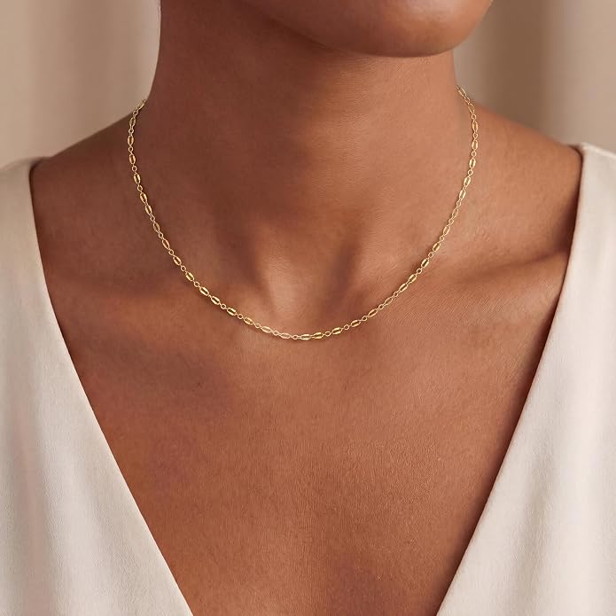 Tewiky Gold Chain Necklace for Women, 14k Gold Plated Thin Beaded Wave Box Necklace Dainty Simple Layered Choker Minimalist Link Chain Necklace Trendy Jewelry for Women