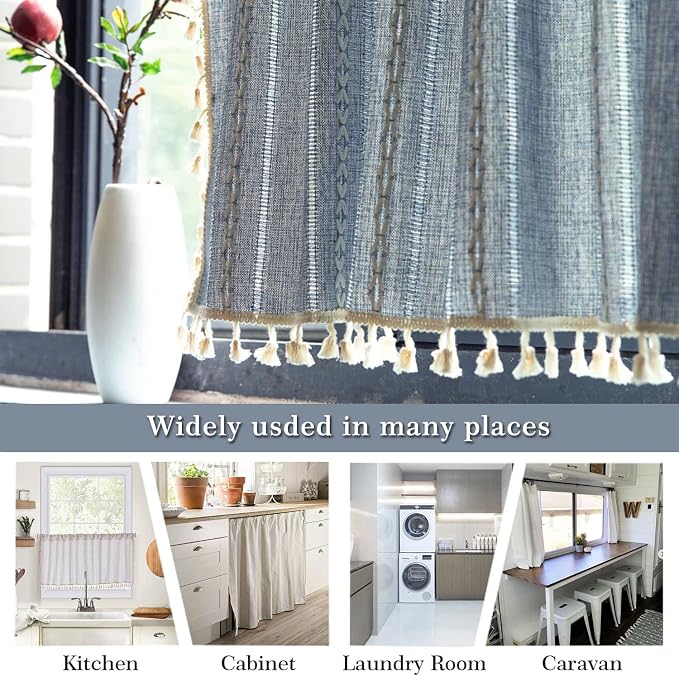 ColorBird Boho Kitchen Short Cafe Curtains 36 inch Length 2 Panels, Blue Striped Light Filtering Valances, Embroidered Window Curtains Over Sink for Laundry Room RV Camper