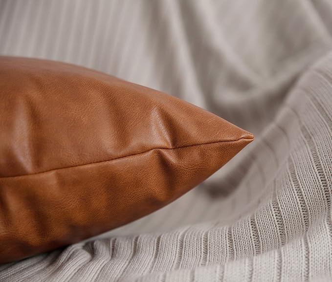 Set of 2 Thick Faux Leather Lumbar Throw Pillow Covers 12x20, Modern Farmhouse Boho Small Long Accent Scandinavian Decor Rectangle Decorative Cushion Cases for Couch Bed Sofa Cognac Brown