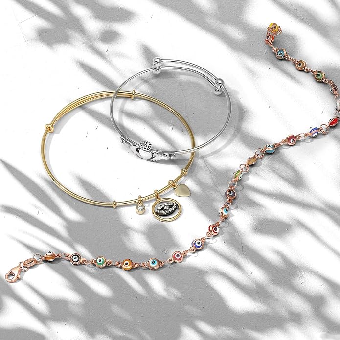 Bling Jewelry Turkish Protection Multi Evil Eye Anklet Charm Ankle Strand Bracelet Rose Gold .925 Sterling Silver