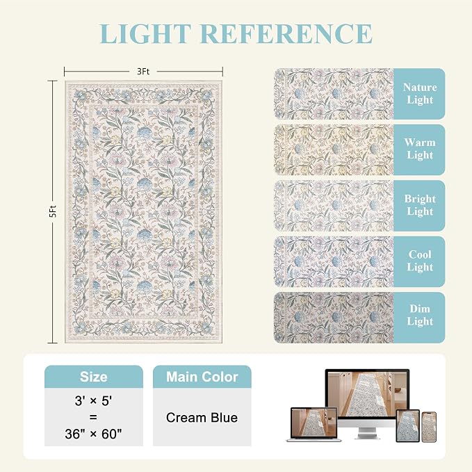 DUKINO 3x5 Rug Washable Vintage Floral Bedroom Area Rug Non Slip Cream Blue | Low Pile, Non-Shedding, Stain Resistant Boho Lightweight Soft Indoor Carpet for Bathroom Office Dining Living Room Farmhouse