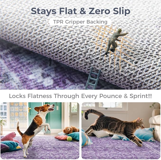 OPPODREAM Vintage Purple Area Rugs 3x5, 3 x 5 Retro Washable Rug Non Slip, Low-Pile Faux Wool Carpet, Distressed Floor Mat for Living Room, Bedroom, Kitchen, Office, Dorm, Dinning Room