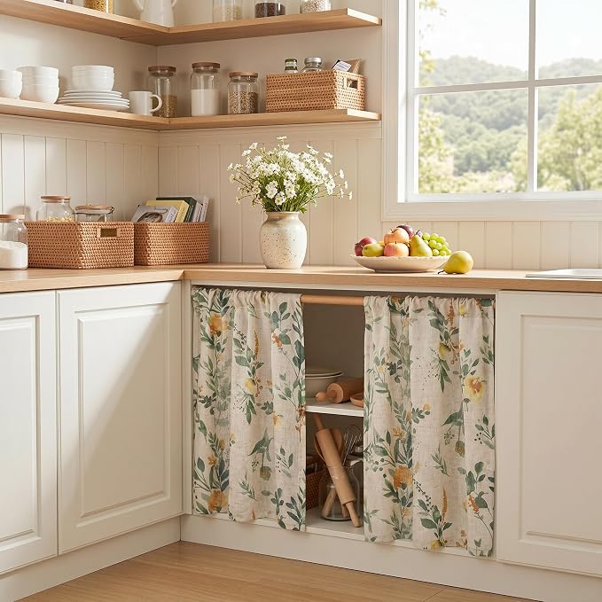 MYSKY HOME Floral Kitchen Curtains 24 Inches Linen Tier Curtains Farmhouse Green Flower Patterned Small Window Treatments Airy Light Filtering Rod Pocket for Living Room Bathroom 2 Panels, Each 26" W