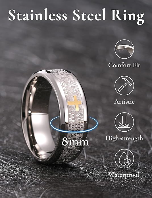 King Will Stainless Steel Men Ring Lord's Prayer Cross Ring Stainless Steel Men Wedding Ring, Wedding Band Bible Engraved Rings High Polished, Comfort Fit
