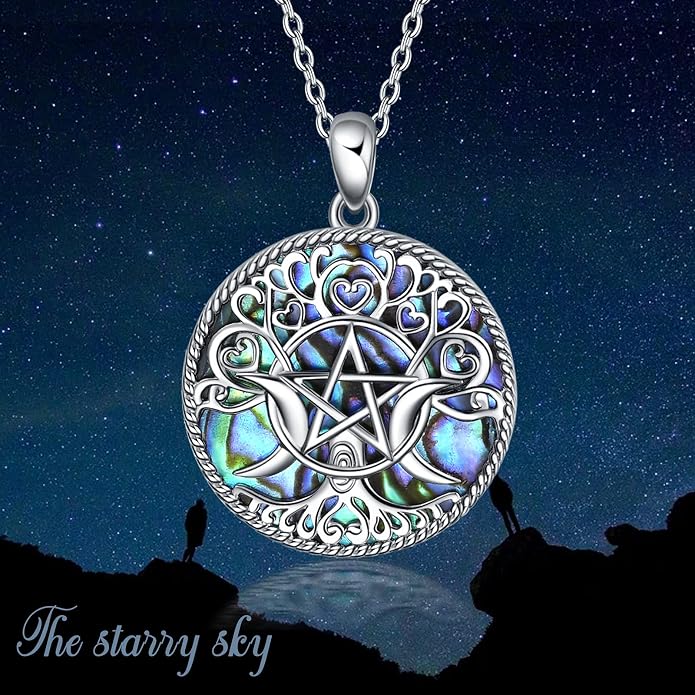 YFN Triple Moon Goddess Necklace Sterling Silver Pentagram Pentacle Opal Pendant necklace Pagan Wiccan Magic Amulet Tree of Life Jewelry for Women Men 18"