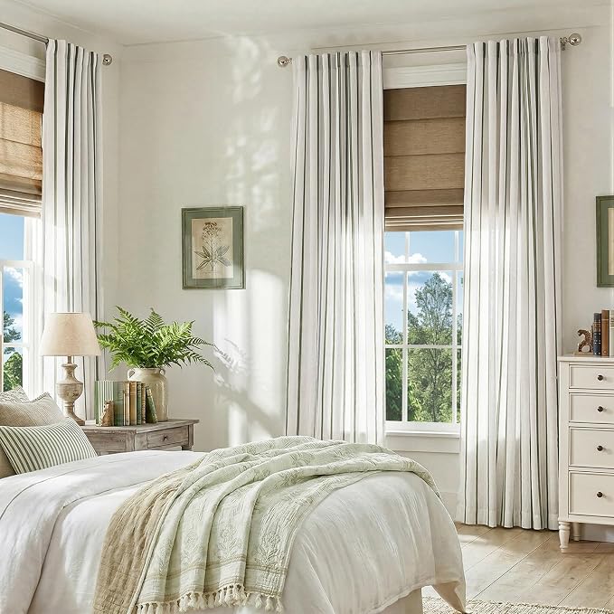 Vangao Striped Curtains Green on White Semi Sheer Curtains 84 Inches Long for Living Room Bedroom Modern Farmhouse Linen Textured Light Filtering Drapes 2 Panels Olive Green W50 x L84 Inch