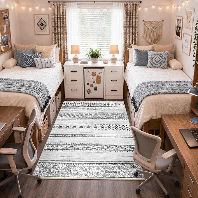 BESTSWEETIE 3x5 Area Rugs for Living Room Washable Moroccan Farmhouse Neutral Geometric Low Pile Non-Slip Soft Print Pattern Rug for Bedroom Kitchen Dining Room Entryway Grey/Black/Navy