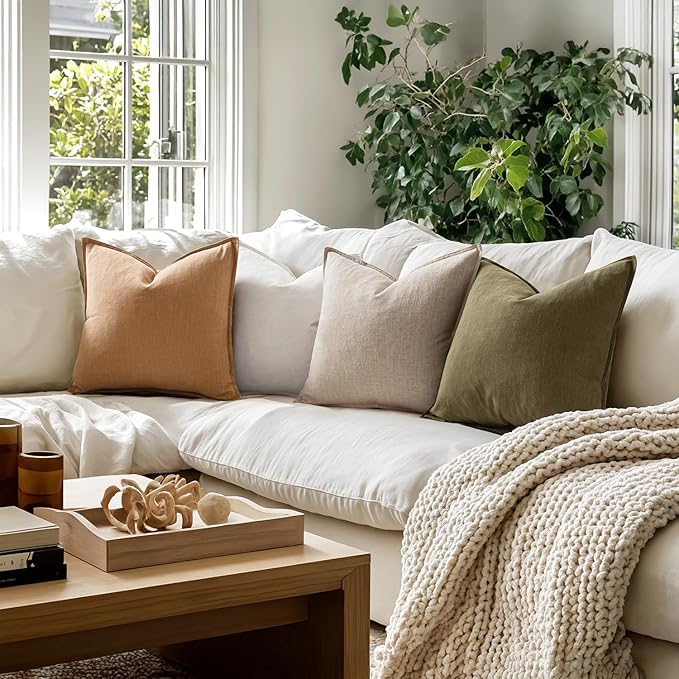 MIULEE Brown Boho Linen Decorative Pillow Covers 18x18 Inch Pack of 4 | Natural Throw Pillow Covers Soft Farmhouse Couch Pillowcases Modern Home Decors for Living Room Bed Sofa