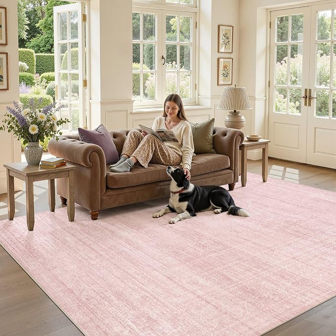 Nakagishi 7x9 Area Rugs Living Room: Washable Large Vintage Rug Neutral Non-Slip Soft Stain Resistant Indoor Carpet for Bedroom Nursery Dining Room Office Playroom - Pink