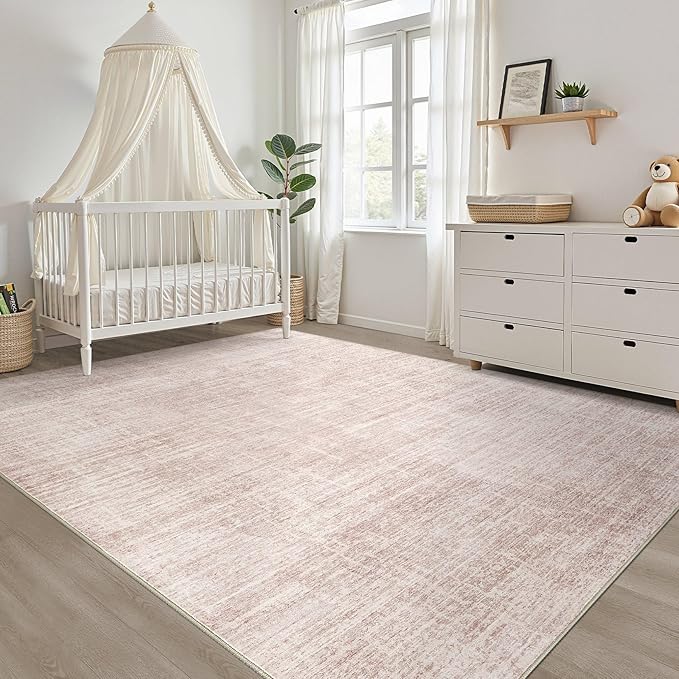 Pink Rug 7x9 Living Room: Washable Large Neutral Rugs Abstract Soft Modern Stain Resistant Indoor Floor Non-Slip Carpet for Nursery Kids Girls Bedroom Playroom Dining Room Under Table