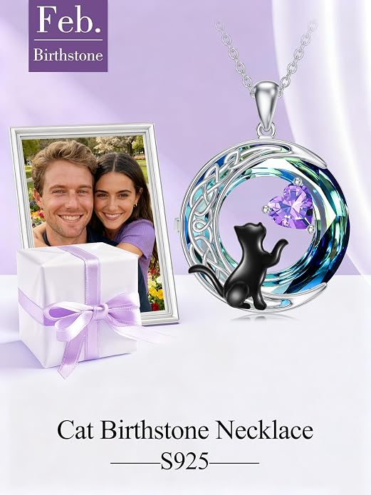TOUPOP Cat Gifts for Cats Lovers 925 Sterling Silver Black Cat Necklace Celtic Moon Birthstone Jewelry for Women Anniversary Birthday Gift for Her Wife Mom