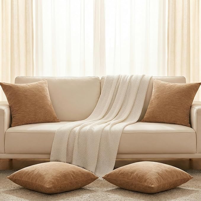 Set of 4 Brown Throw Pillow Covers 18x18 Inch, Neutral Boho Farmhouse Aesthetic Decorative Pillow Cases for Couch, Sofa, Living Room & Bed, Soft Chenille Pillow Cases, Stylish Home Decor, 45x45 cm