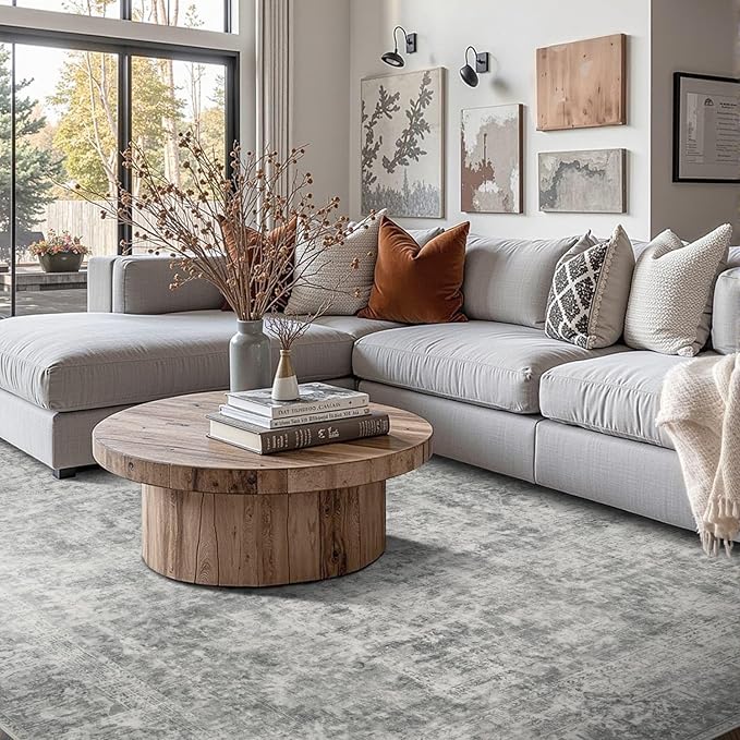 Rugxara Grey 8x10 Area Rugs for Living Room Bedroom Large Washable Rug | Non Slip, Rug for Dining Room Office Kids Room, Stain Resistant, Soft, Low Pile, Vintage Boho Retro Carpet,Home Decor