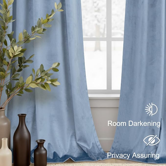 Dusty Blue Velvet Curtains 108 Inches Long 2 Panels Set Light Blue Luxury Blackout Curtains for Bedroom Living Room Super Soft Thermal Insulated Grey Blue Window Drapes Back Tab Rod Pocket 108 Length