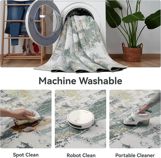 Kelarea Washable Area Rug for Living Room, 6x9 Non Slip Modern Abstract Green Rugs, Easy Clearning Low Pile Large Carpet for Bedroom, Dining Room, Nursery, Office