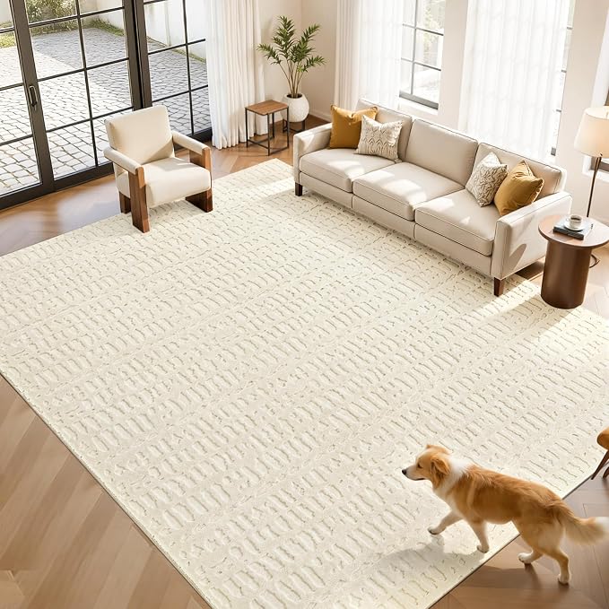 Yamaziot 9x12 Washable Area Rug, High-Low Grid Textured Living Room Rugs, Soft Fluffy Non-Slip Mats Stain Resistant Contemporary Boho Carpet for Dining Room, Kids Nursery Room, Bedroom, Office
