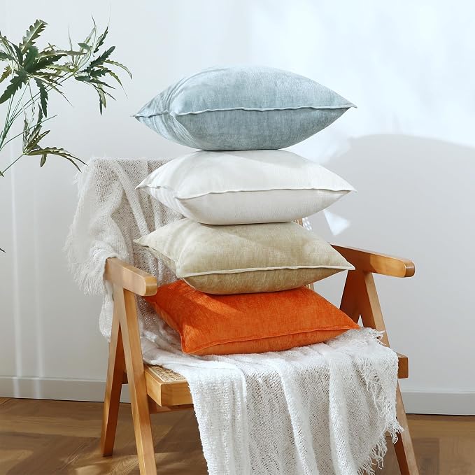 Stellhome Set of 4 Soft Textured Decorative Throw Pillow Covers Accent Solid Chenille Cushion Cover Cozy Farmhouse Pillow Case for Couch Sofa Bedroom Living Room (20x20 inch, Orange/Aqua Gery)