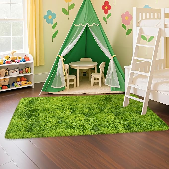 2x5 Feet Tie-Dye Green Shag Fluffy Rug for Bedroom, Soft Fuzzy Plush Carpet Runner for Bedroom, Cute Grass Green Runner for Kids Girls Room, Baby Nursery, Teen Dorm, Home Decor Aesthetic